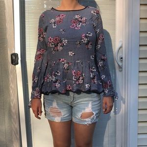 Flower Print Blouse w/ Bow Ties on Sleeves